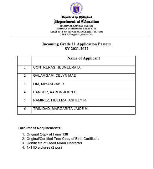 [Campus News] List of Applicant Passers for Grade 7 and 11 for S.Y ...